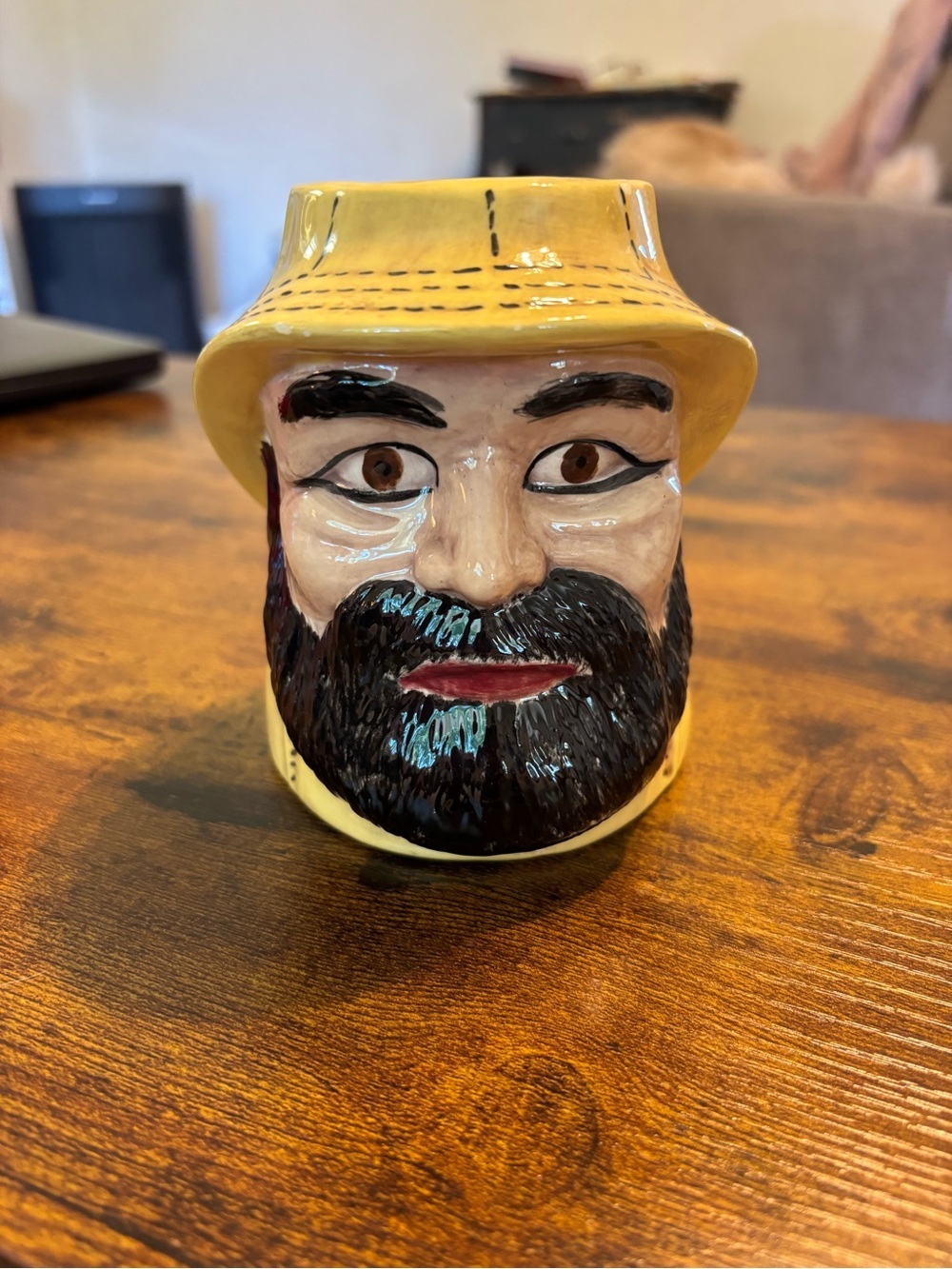 Hand-Painted Yellow Fisherman Face Ceramic Mug with Black Beard